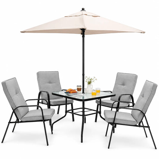 Gymax 6PCS Outdoor Dining Set Patio Table & Chair Furniture Set w/ Cushions & Umbrella