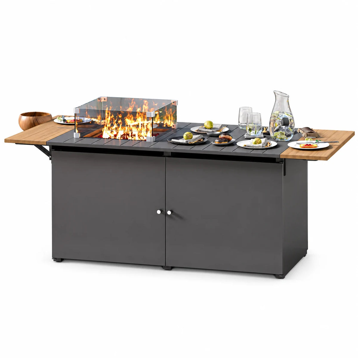 KAMEROUT 64" Outdoor Fire Pit Table, 50,000 BTU Patio Propane Fire Pit with Foldable Tabletop & Wind Guard, Black
