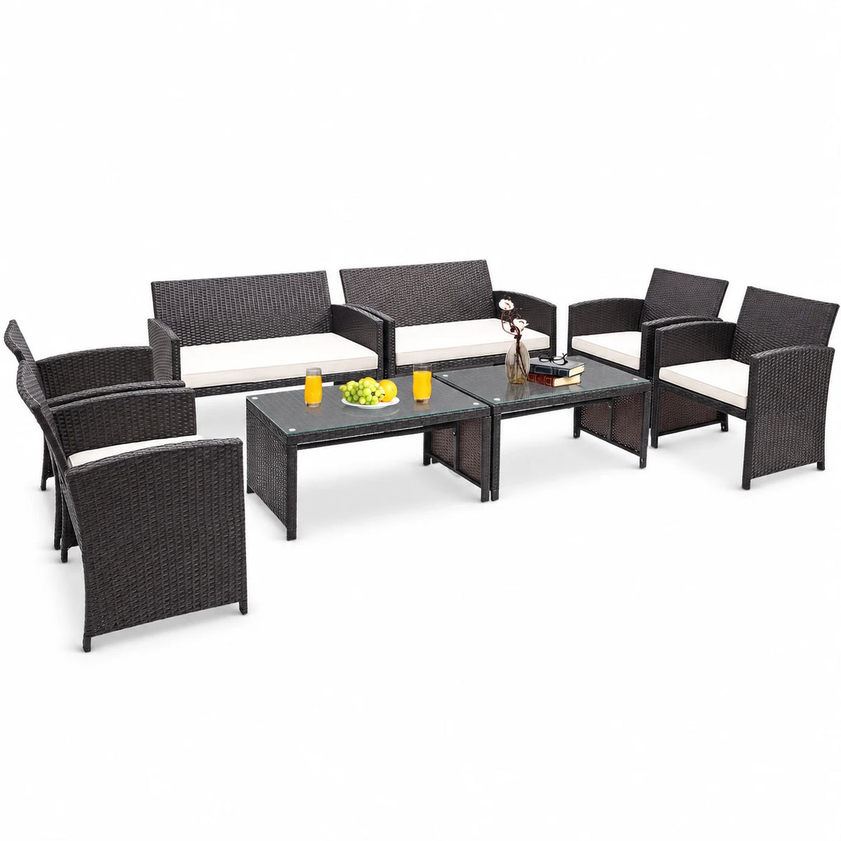 Gymax 8PCS Patio Conversation Set Outdoor Rattan Furniture Set w/ White Cushions