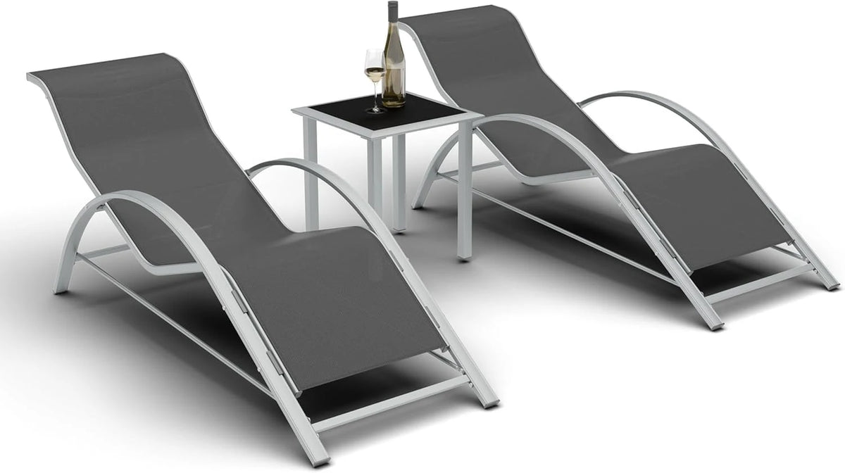 3-Piece Outdoor Chaise Lounge Chair Set – Adjustable Aluminum Recliners with Table – Heavy-Duty, Weather-Resistant for Poolside, Patio, Garden, Beach, Grey