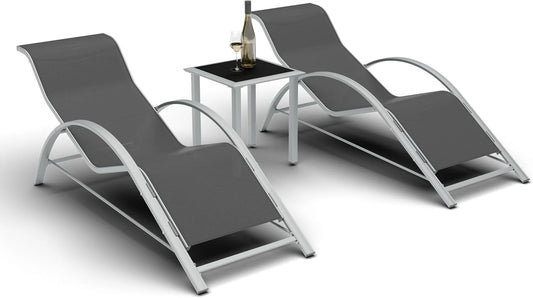 3-Piece Outdoor Chaise Lounge Chair Set – Adjustable Aluminum Recliners with Table – Heavy-Duty, Weather-Resistant for Poolside, Patio, Garden, Beach, Grey
