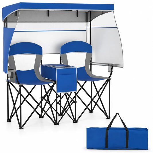 Costway Double Beach Chair with Adjustable Canopy Oversized Folding Camping Chair Navy