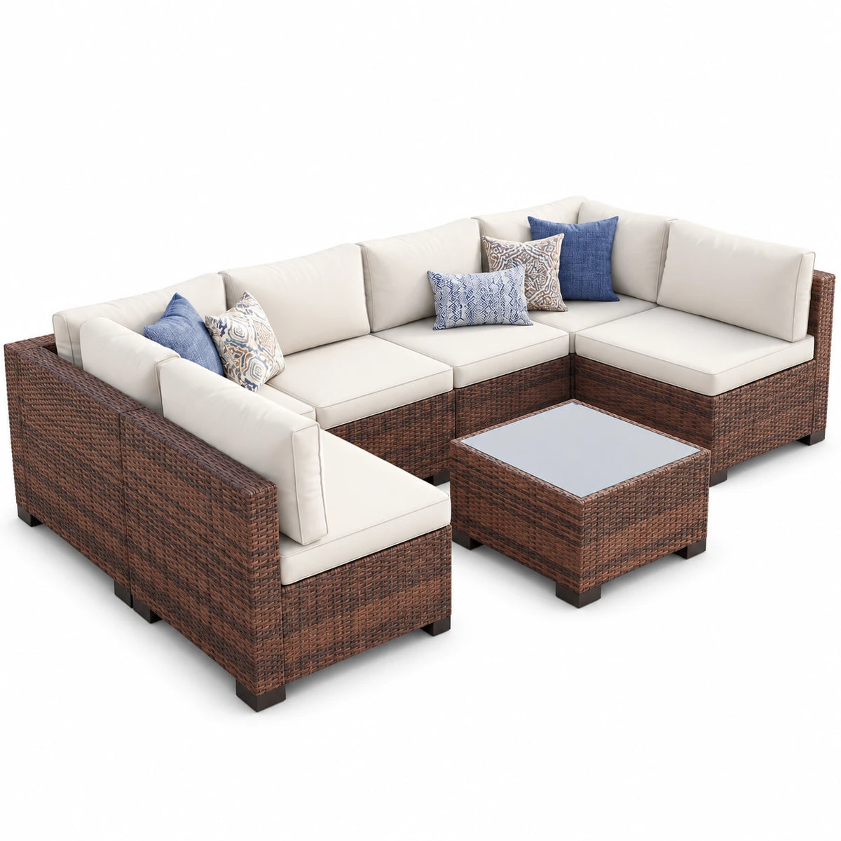 Clouddwell 7 Piece Outdoor Patio Furniture Set, Wicker Rattan Patio Sectional Sofa Sets, Off White