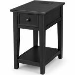 Narrow End Table with USB Charging, Drawer & Shelf, Farmhouse Style, Black
